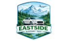 Eastside Airport Taxi logo featuring a white sedan, airplane, mountain landscape, river, and evergreen trees in a modern shield-style design.
