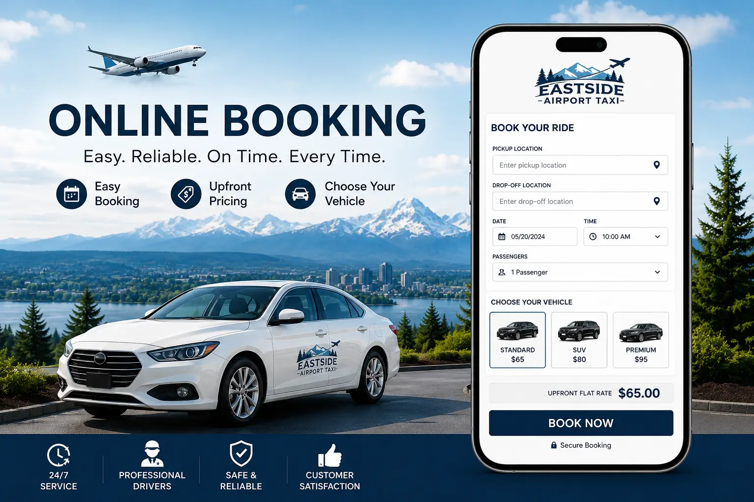 Eastside Airport Taxi online booking illustration featuring a white sedan, airport transfer booking form, smartphone reservation screen, airplane, and mountain scenery.