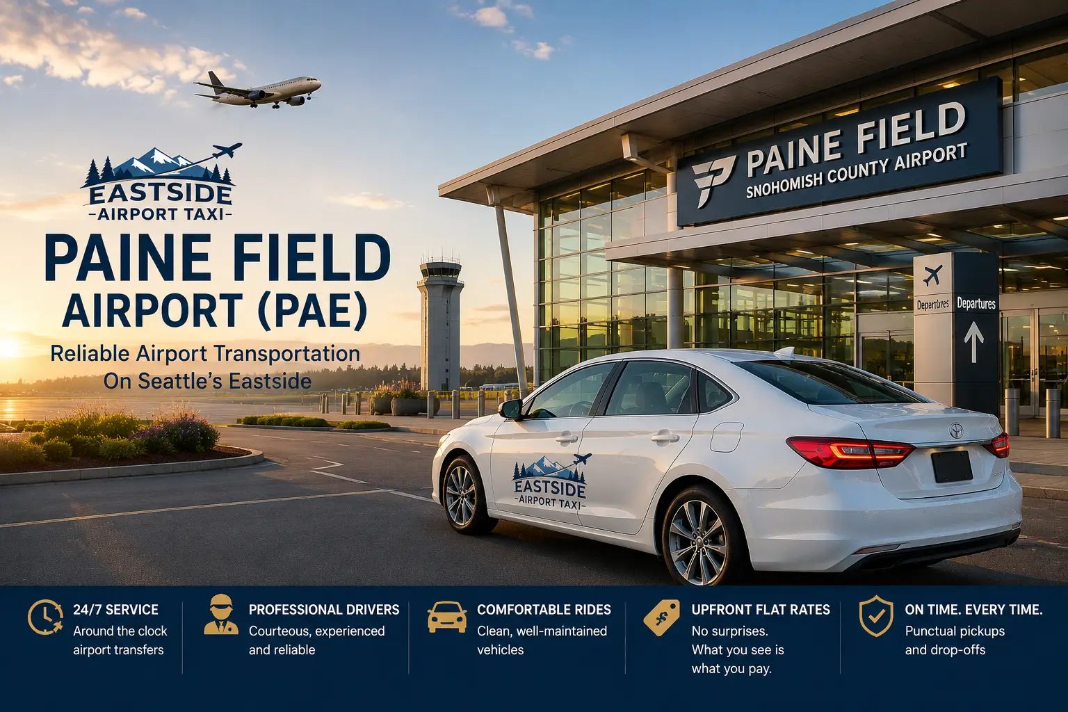 Eastside Airport Taxi vehicle parked outside Paine Field Airport terminal with an aircraft approaching overhead.