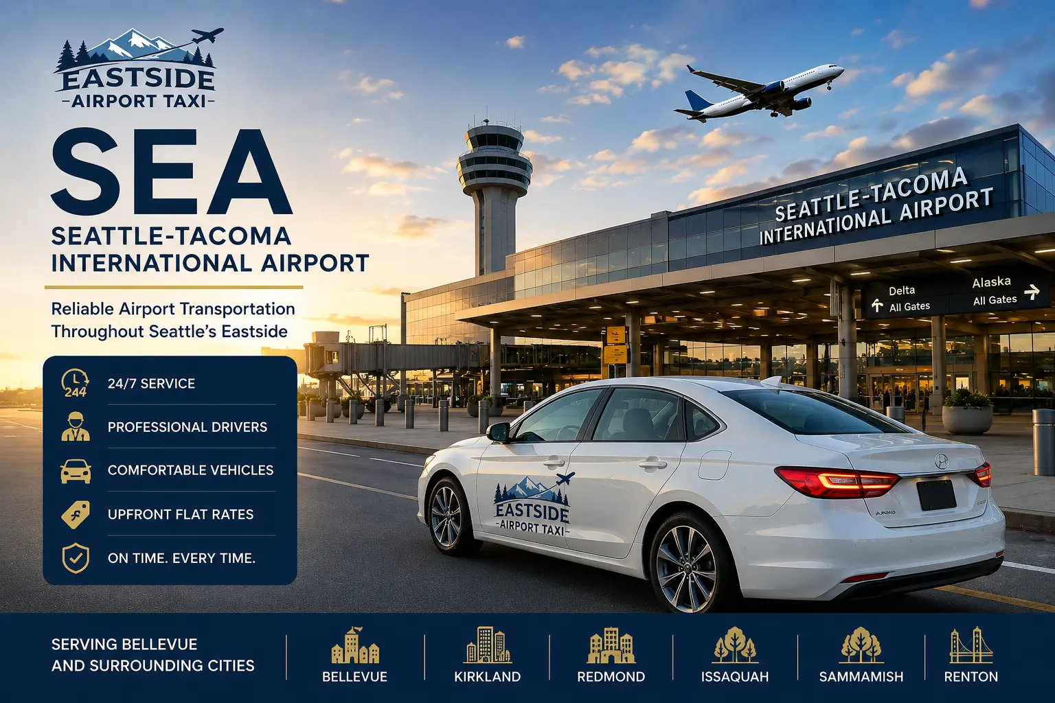 Eastside Airport Taxi vehicle outside Seattle-Tacoma International Airport with an airplane overhead and airport terminal in the background.